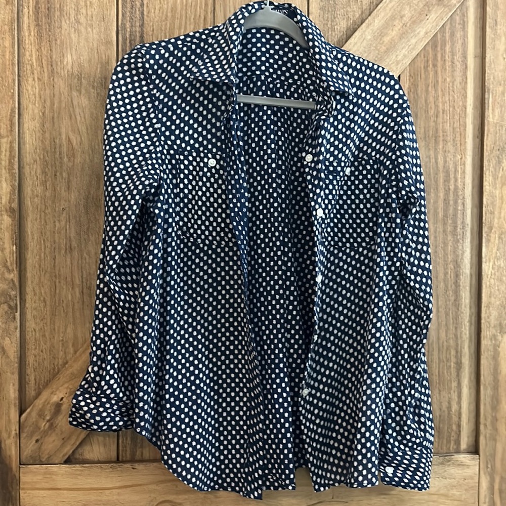 Light weight, blue, and white button down blouse